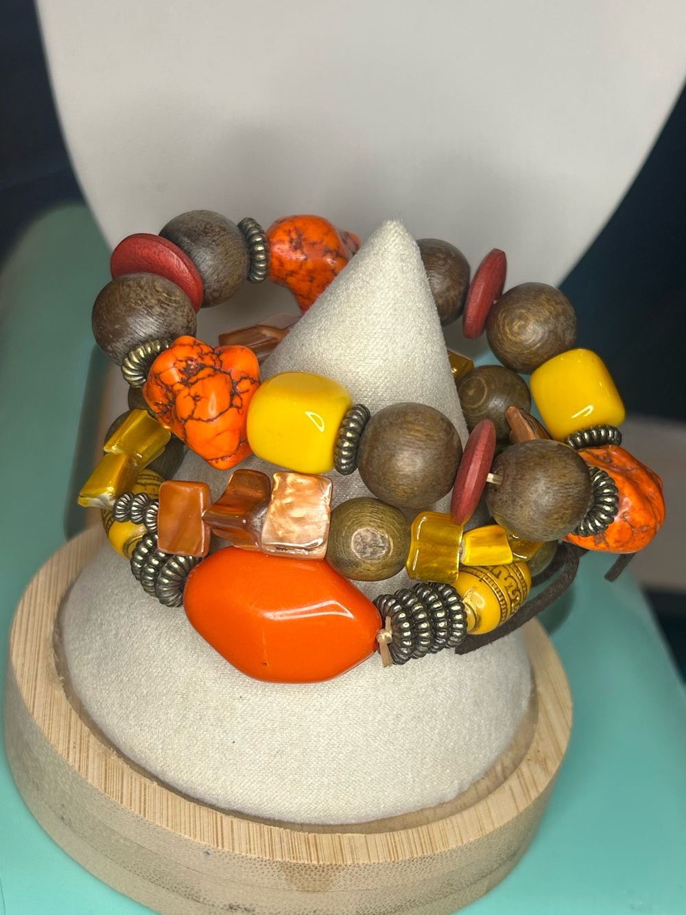Boho Earth Tone Eclectic Mixed Bead 3-Piece Bracelet Set Orange Brown Yellow